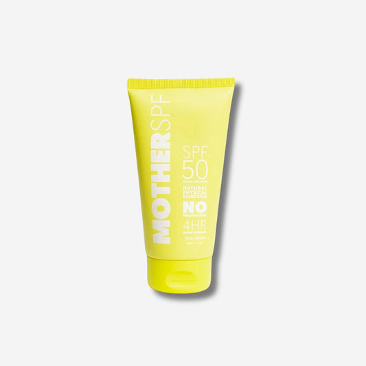 Yellow tube of Mother SPF 50 broad spectrum natural physical sunscreen, with no preservatives and 4-hour water resistance.