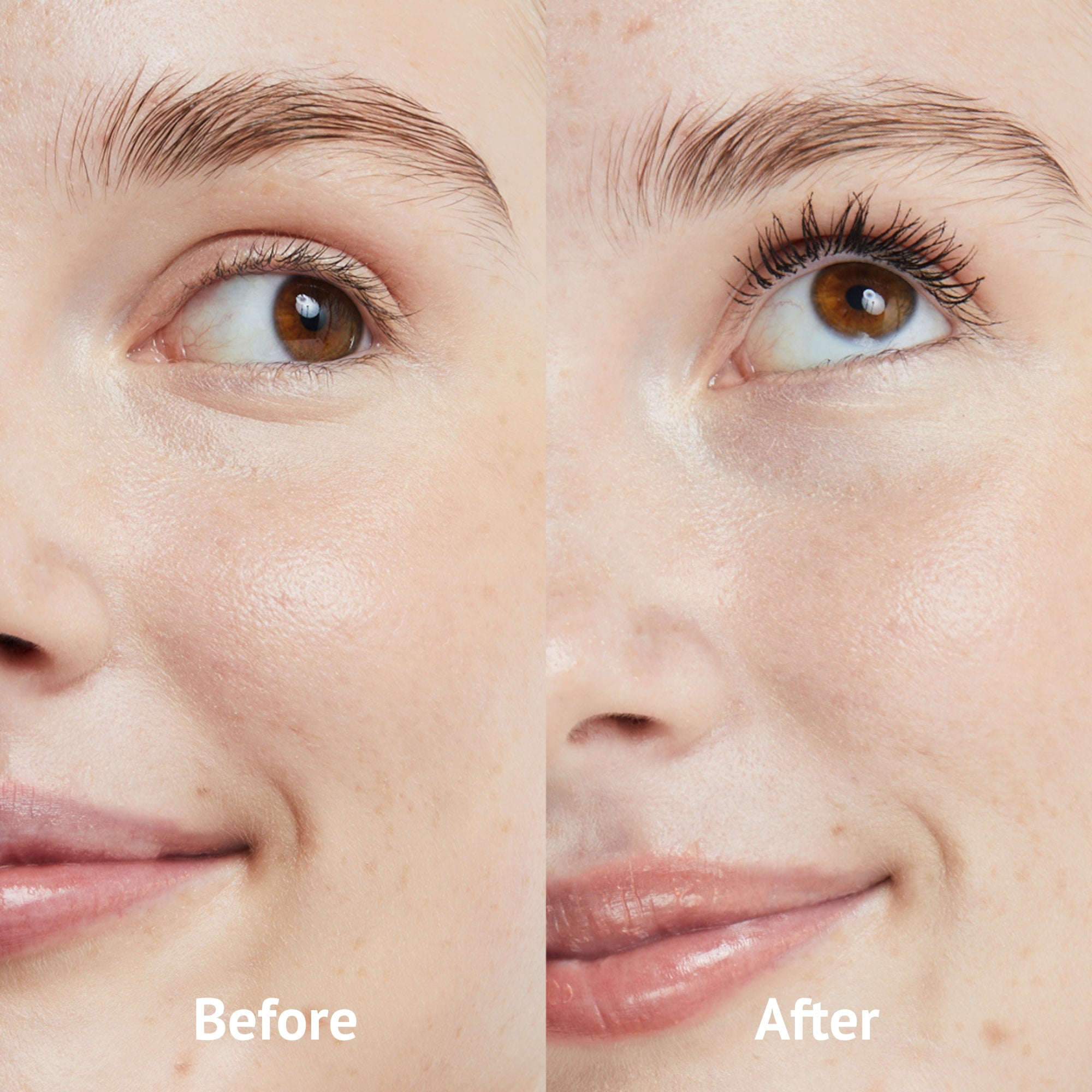 A before and after comparison of a person's eye. The 'before' image shows natural eyelashes, while the 'after' image showcases enhanced eyelashes with mascara.