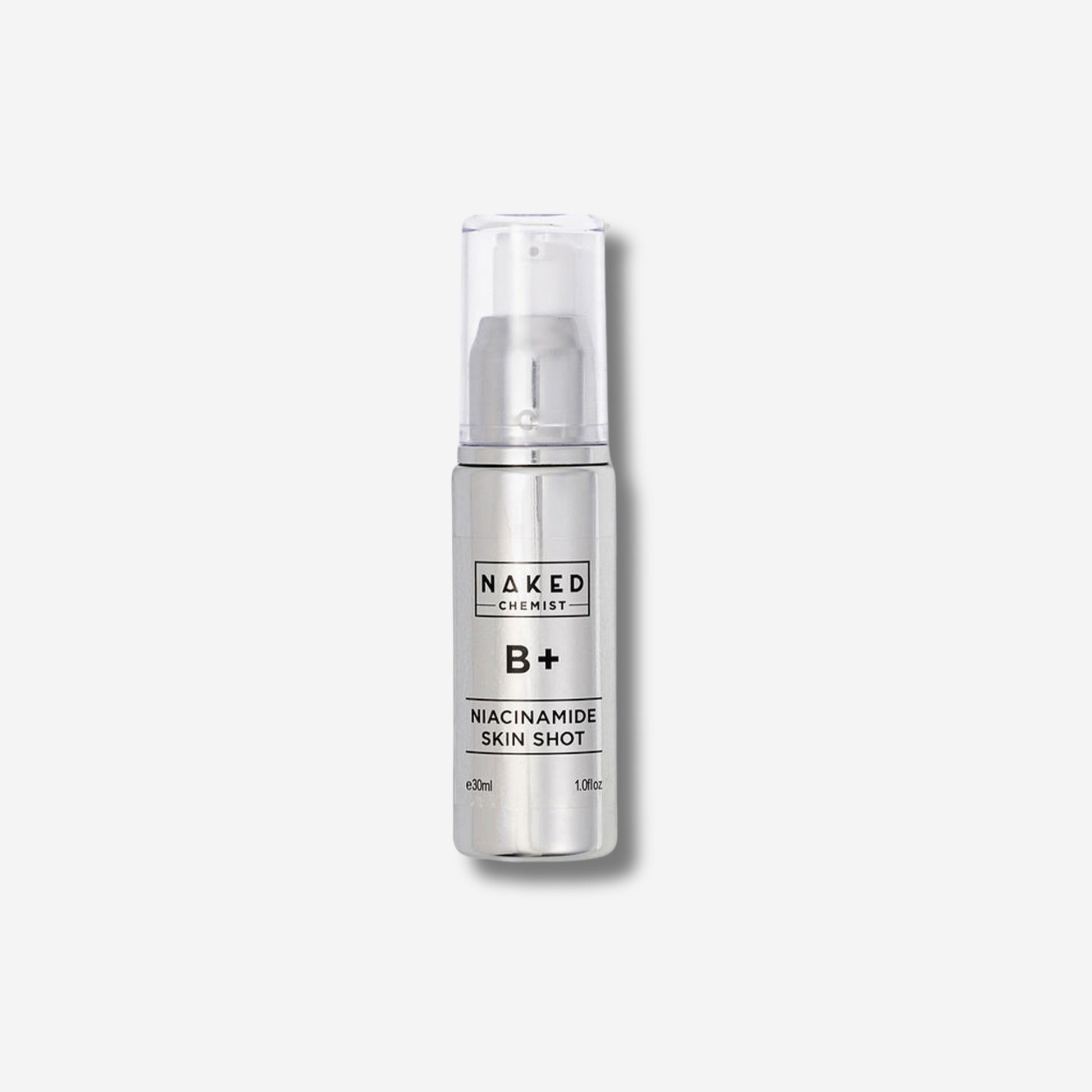Silver bottle of Naked Chemist B+ Niacinamide Skin Shot on a white background.
