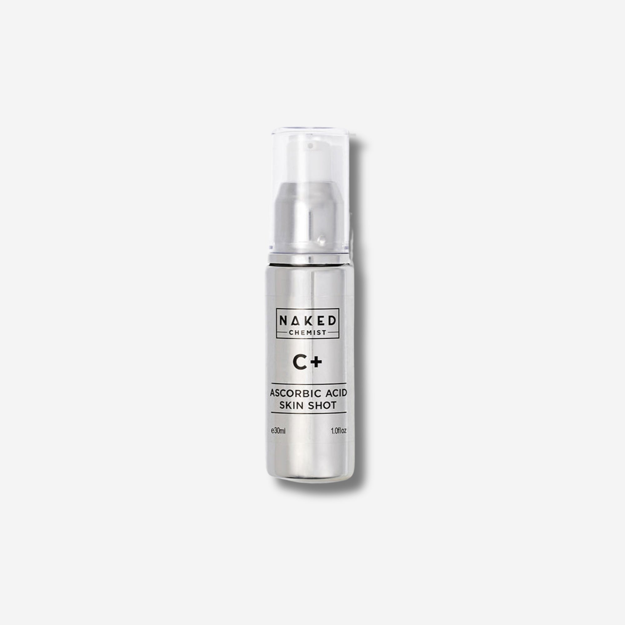 Silver bottle of Naked Chemist C+ Ascorbic Acid Skin Shot with a clear cap on a white background.