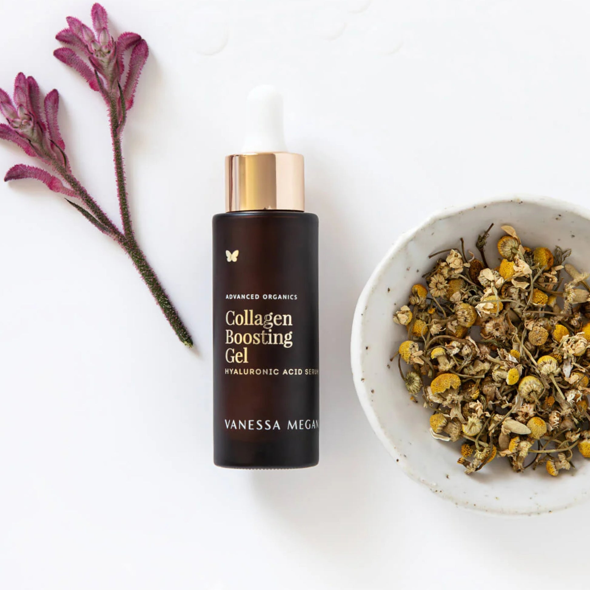 Vanessa Megan Collagen boosting gel bottle with dried flowers and herbs on a white background