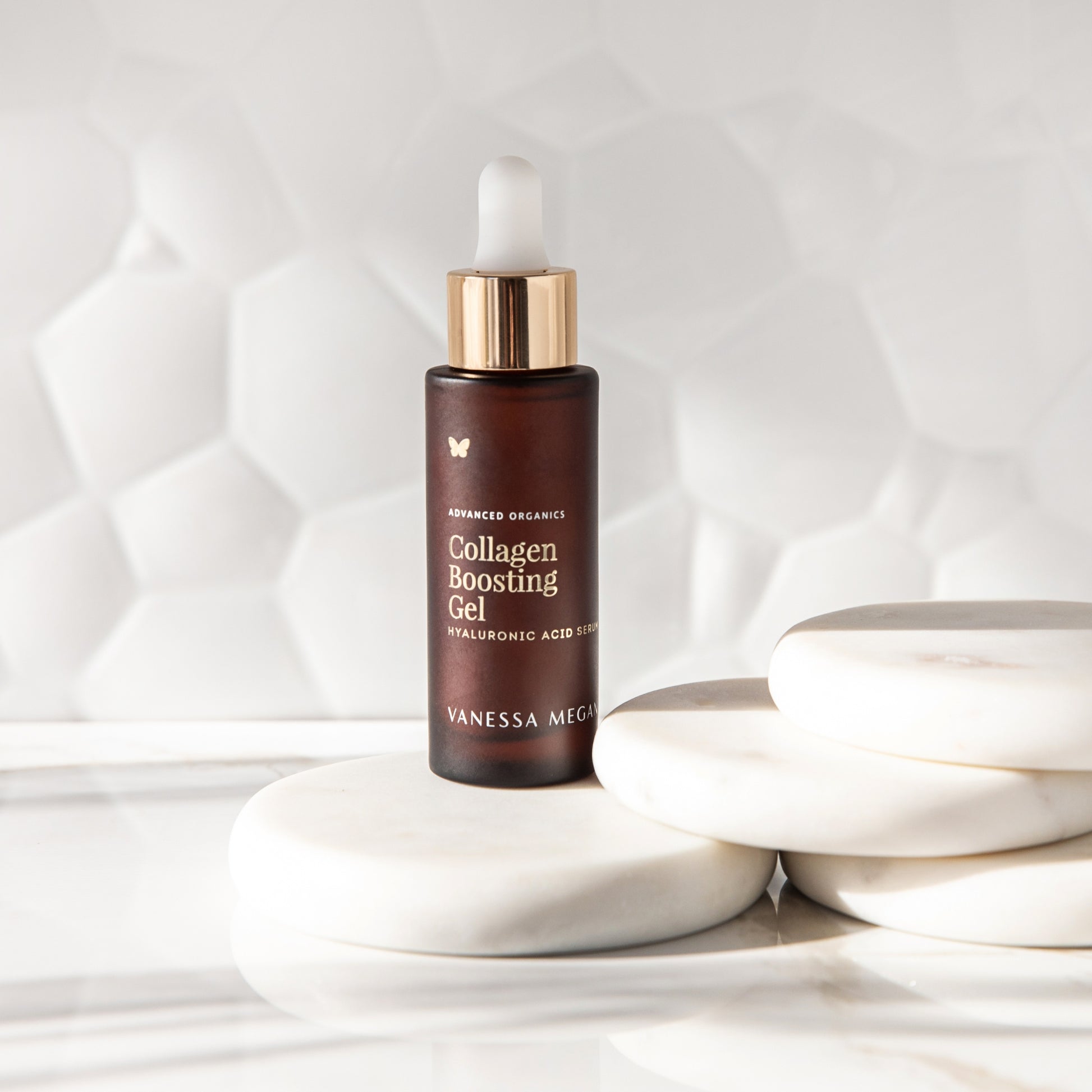 Vanessa Megal collagen boosting gel bottle on a white background