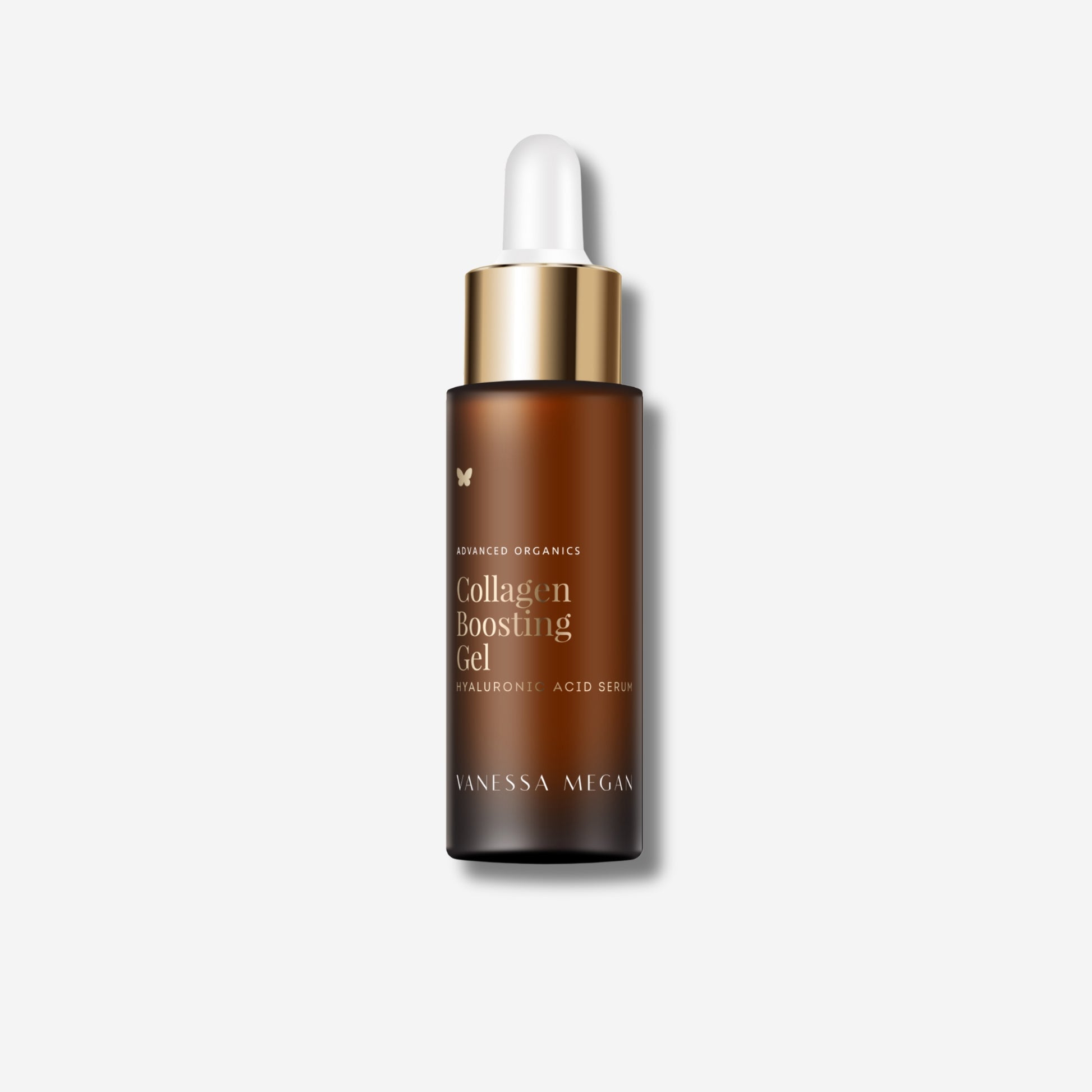 Brown bottle of Vanessa Megan Collagen Boosting Gel with a white dropper on a light grey background