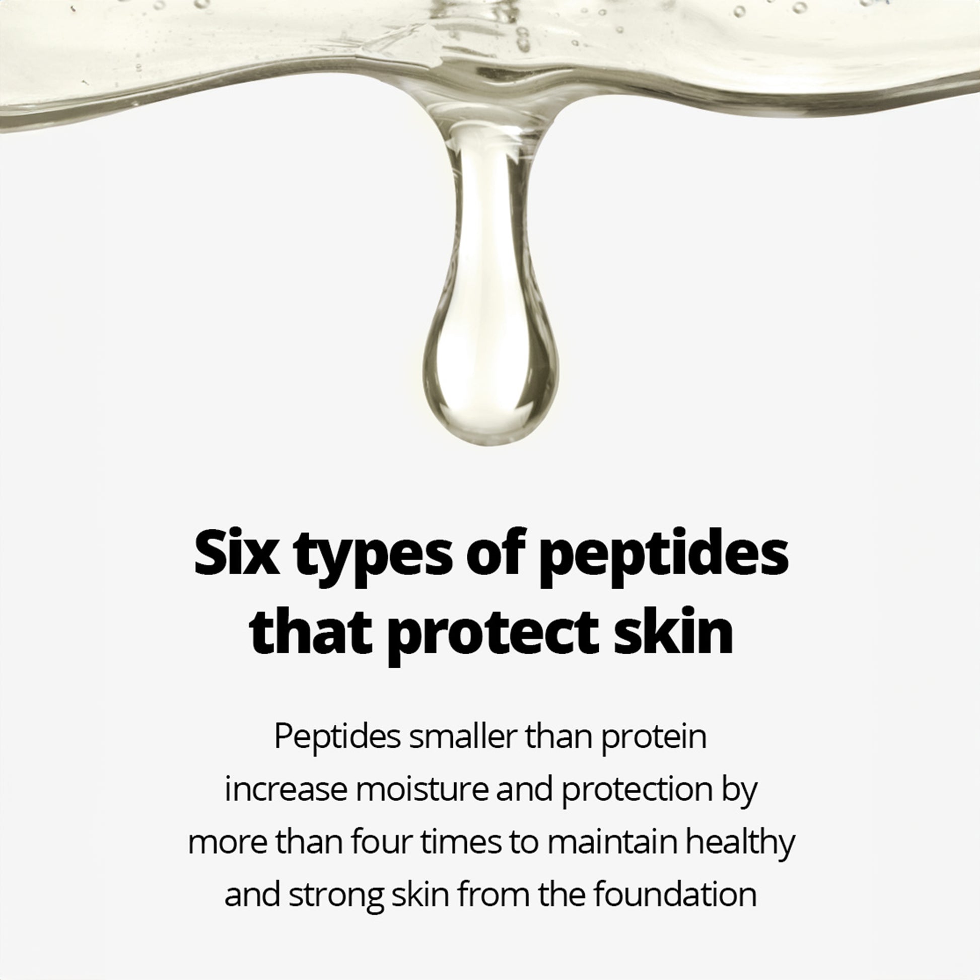 Close-up of liquid drop with text highlighting peptides for skin protection and moisture.