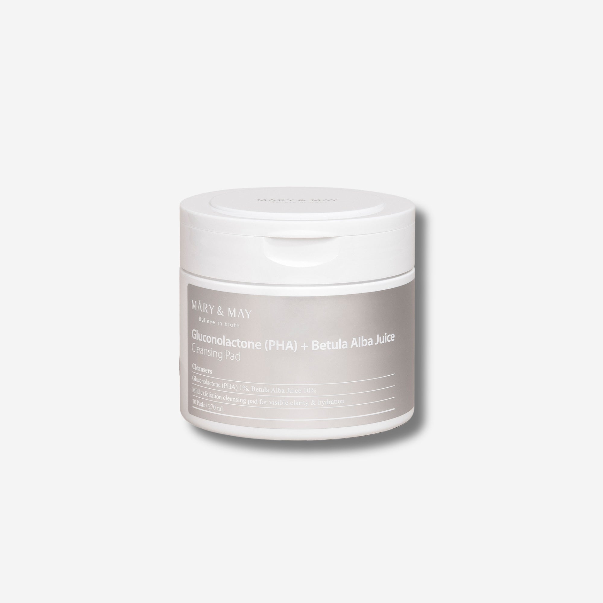 Mary & May Gluconolactone PHA Betula Alba Juice Cleansing Pad in white jar.
