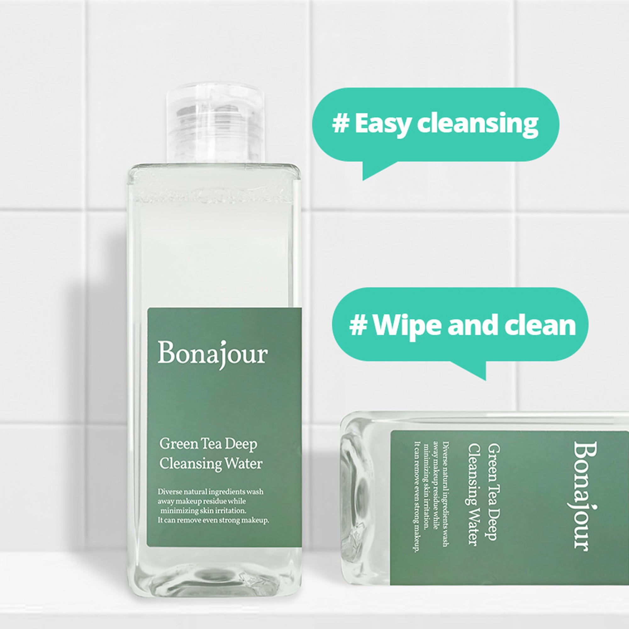 Bonajour Green Tea Deep Cleansing Water bottle with easy cleansing and wipe clean features.