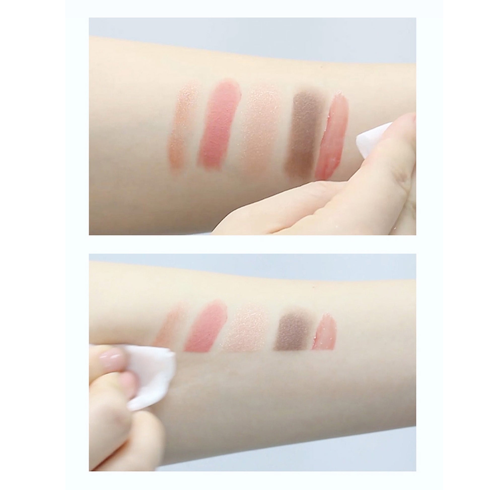 Arm with makeup swatches being wiped with cleansing water.