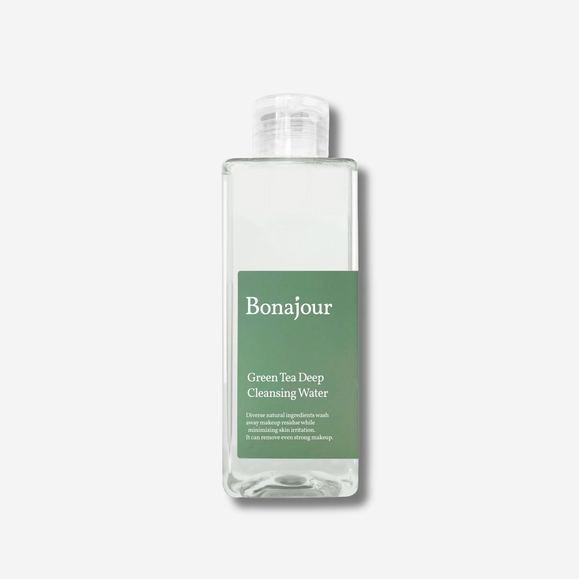 Bonajour Green Tea Deep Cleansing Water in a clear bottle with a green label.