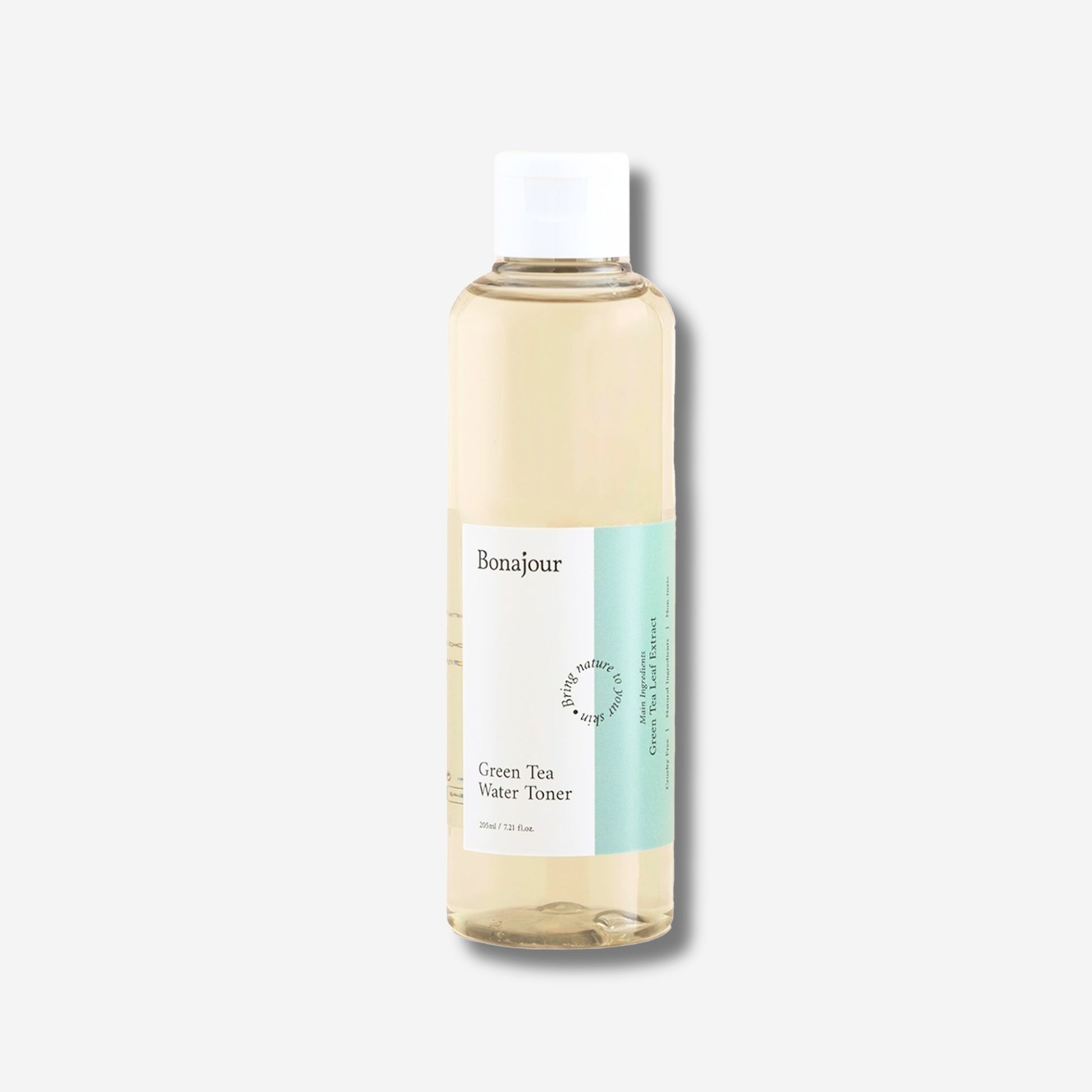 A clear plastic bottle with a white cap containing Bonajour Green Tea Water Toner. The label is white with a light green strip, displaying the product name and details.