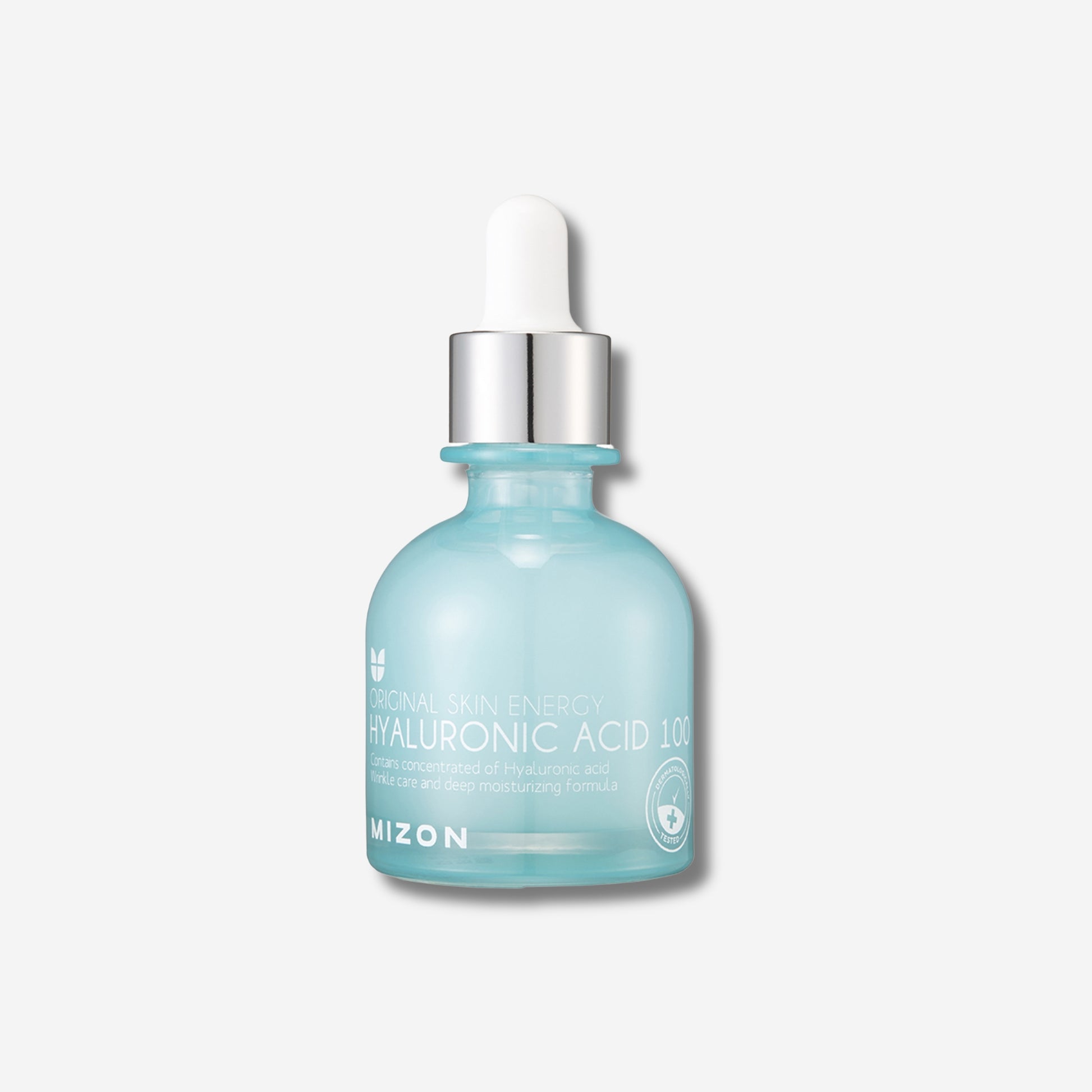 Mizon Hyaluronic Acid 100 serum in blue dropper bottle for moisturizing skincare.