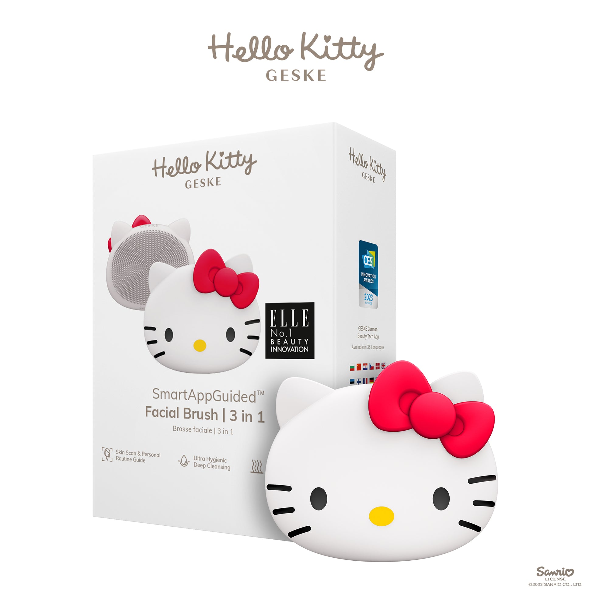 Hello Kitty Geske facial brush 3 in 1 in packaging, featuring a cute Hello Kitty design.