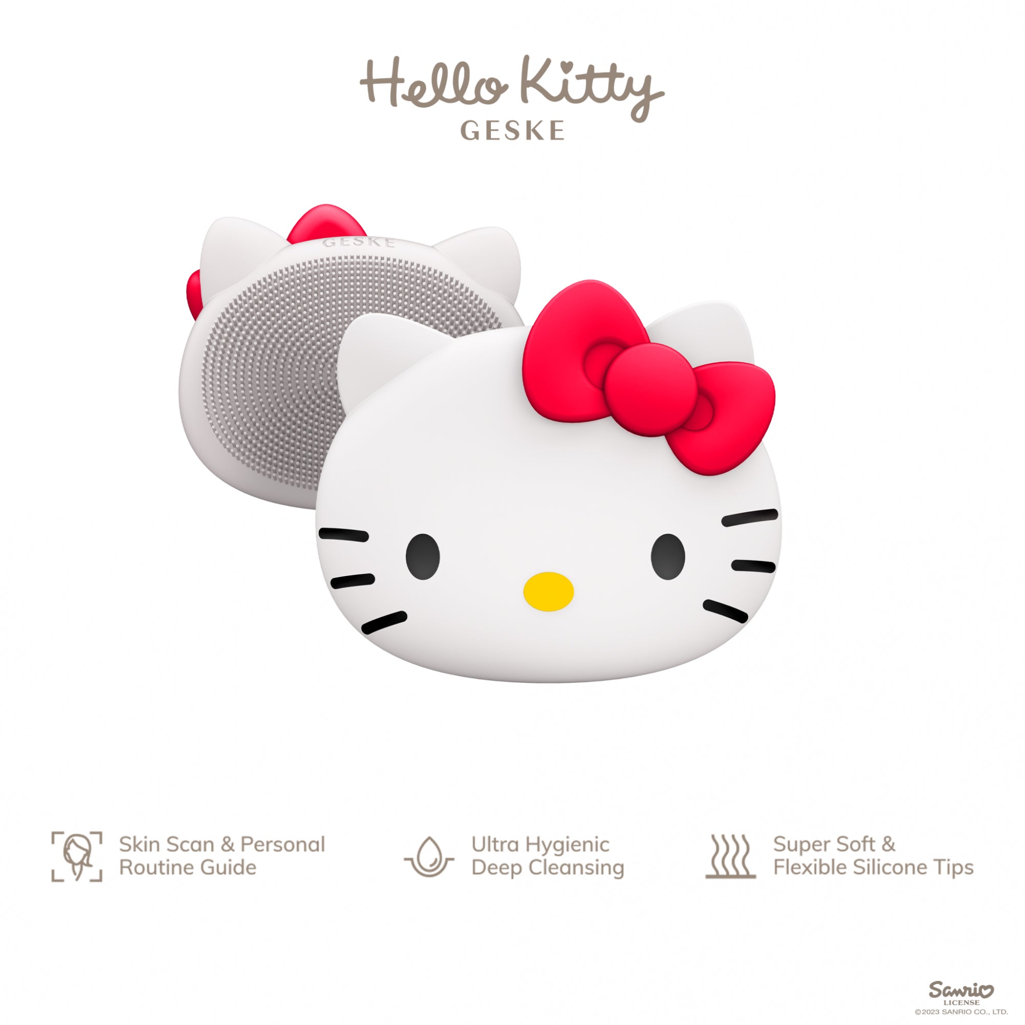 Hello Kitty facial brush with skin scan, deep cleansing, and silicone tips features.
