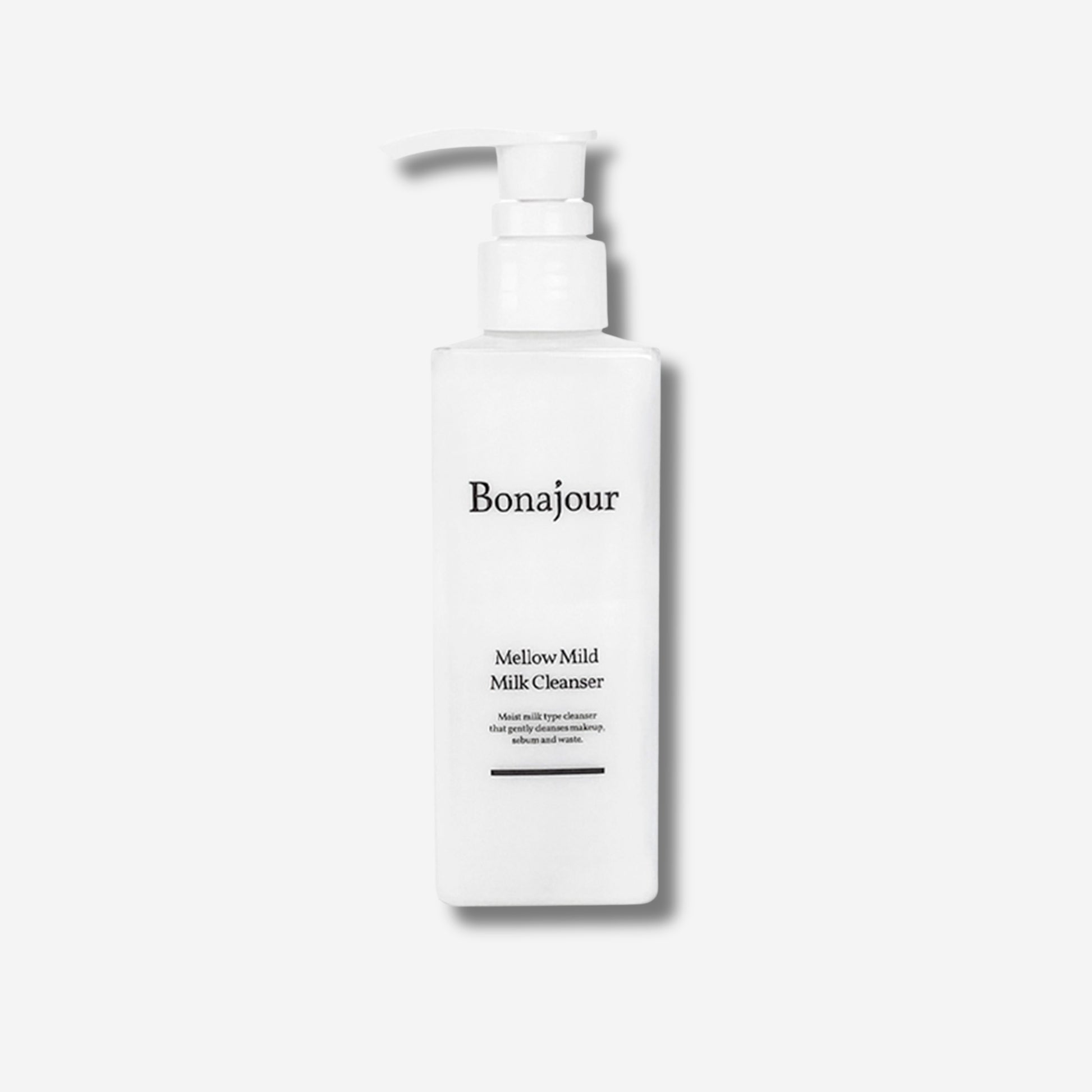 Bonajour Mellow Mild Milk Cleanser bottle with pump, gentle facial cleanser for sensitive skin.