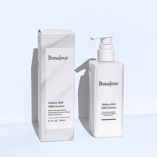 Bonajour Mellow Mild Milk Cleanser bottle and packaging, 200ml, for gentle makeup removal and moisture.