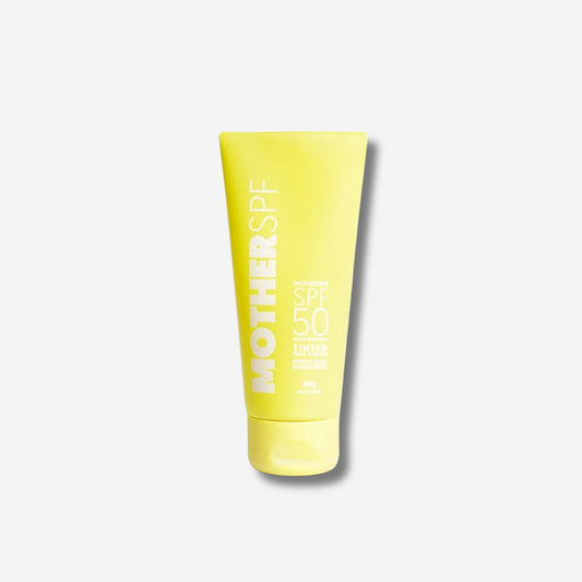 Mother Mousse SPF50 sunscreen tube, yellow packaging, UV protection