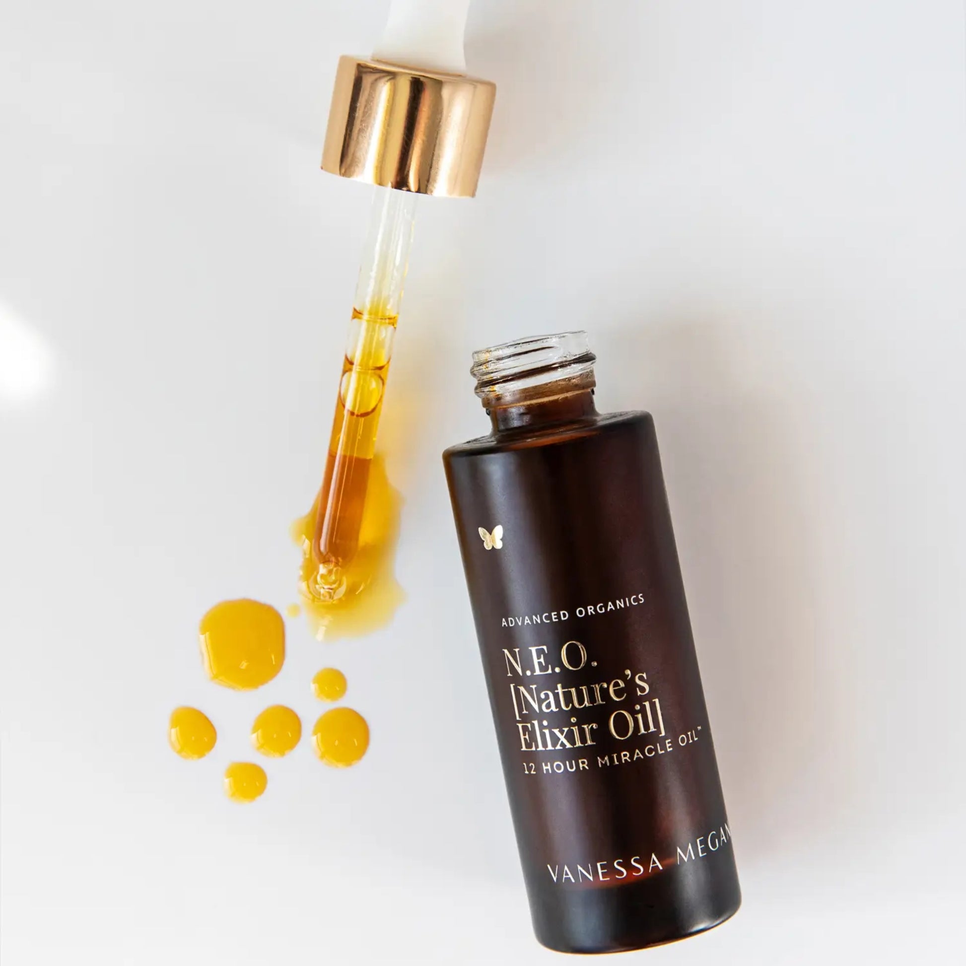 Vanessa Mae N.E.O. Nature's Elixir Oil with dropper on a white background