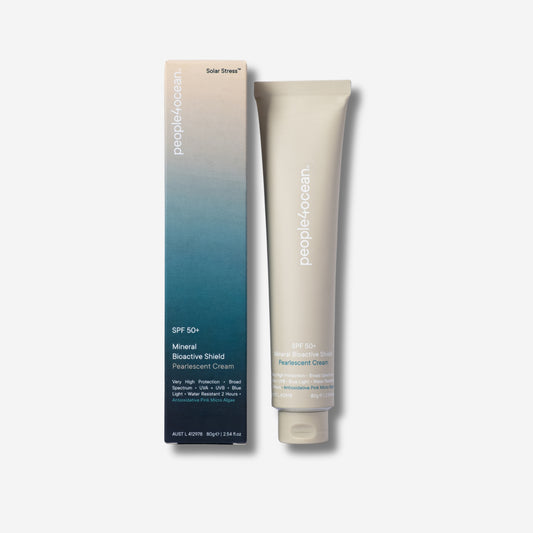 People4Ocean SPF 50+ Mineral Bioactive Shield Pearlescent Cream in tube and box.