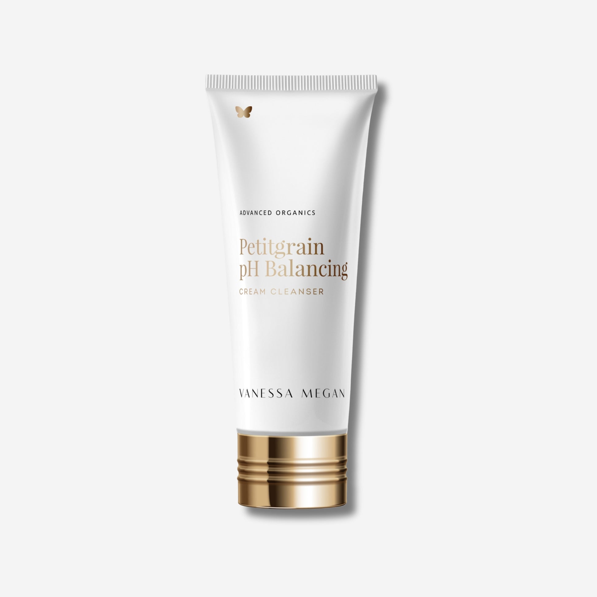 Tube Vanessa Megan Petitgrain pH Balancing Cream Cleanser with gold cap on a white background