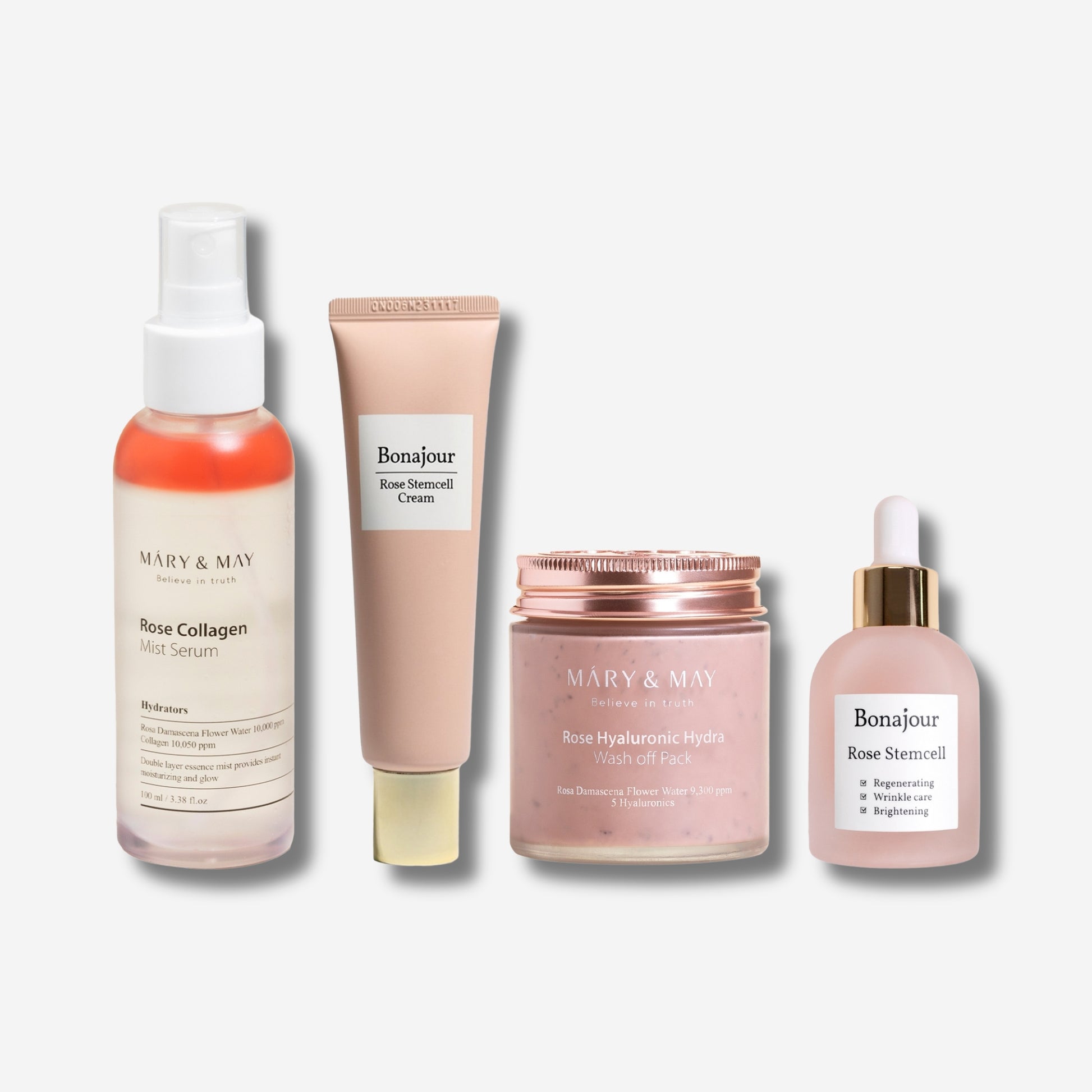 Four skincare products including a Rose Collagen Mist Serum, Rose Stemcell Cream, Rose Hyaluronic Hydra Wash off Pack, and Rose Stemcell Dropper bottle. Each product is packaged in elegant rose-themed containers.