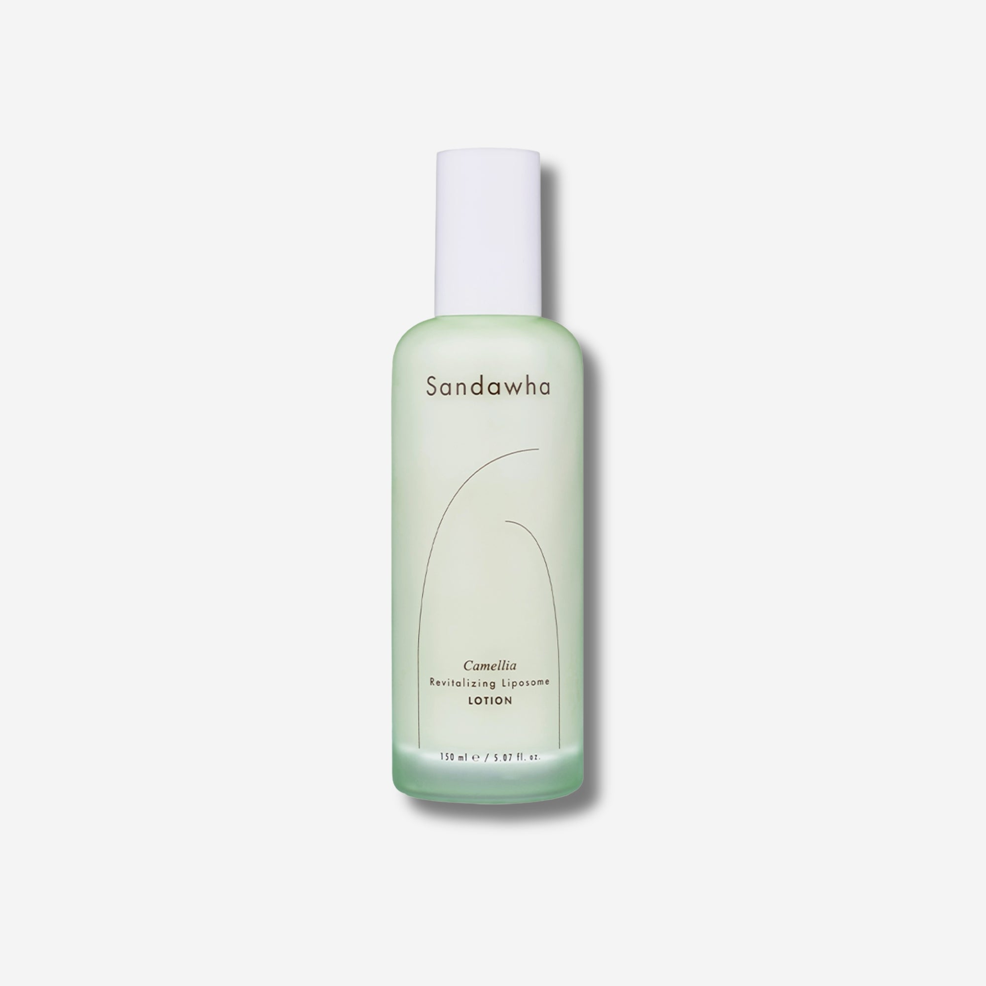 A bottle of Sandawha Camellia Revitalizing Liposome Lotion with a light green body and white cap.