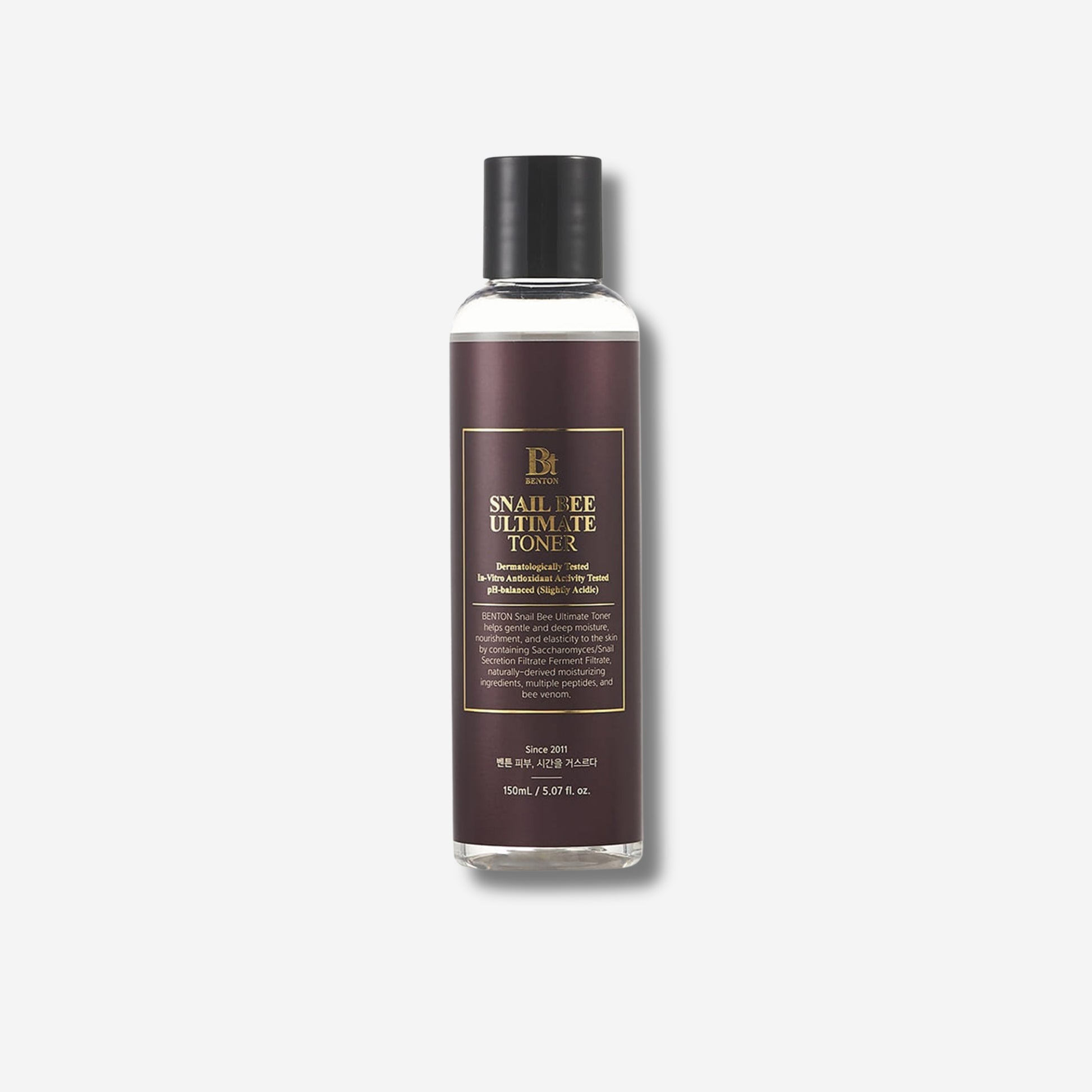 Benton Snail Bee Ultimate Toner in sleek dark bottle for skin hydration and nourishment, 150ml.