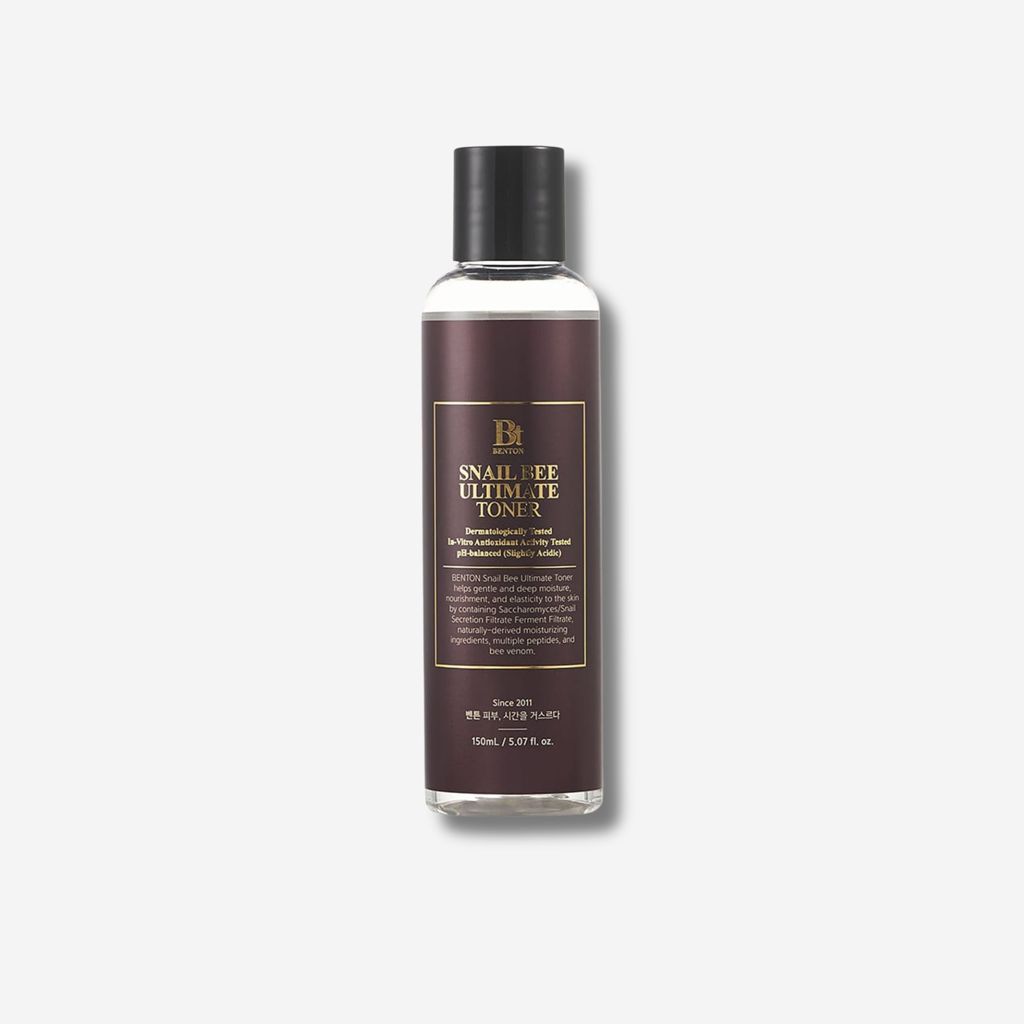 Benton Snail Bee Ultimate Toner in sleek dark bottle for skin hydration and nourishment, 150ml.