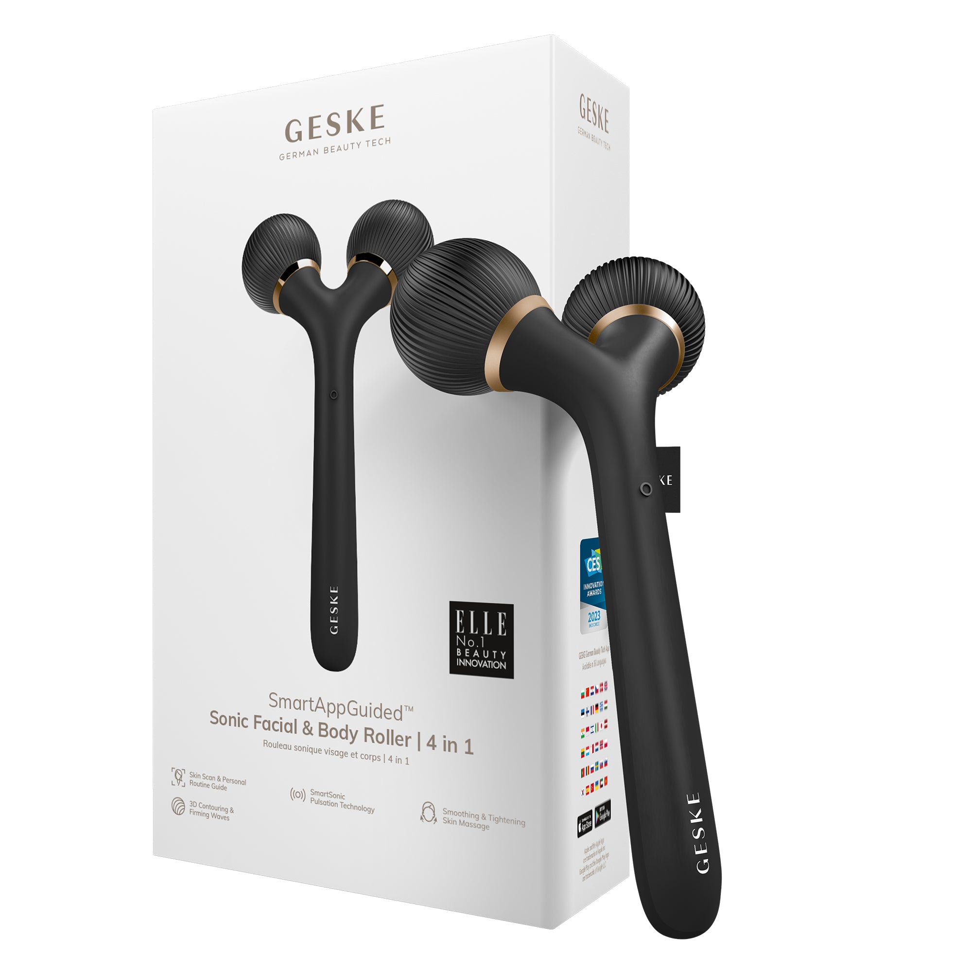 Geske Sonic Facial & Body Roller 4in1 product image with packaging featuring black ergonomic design.