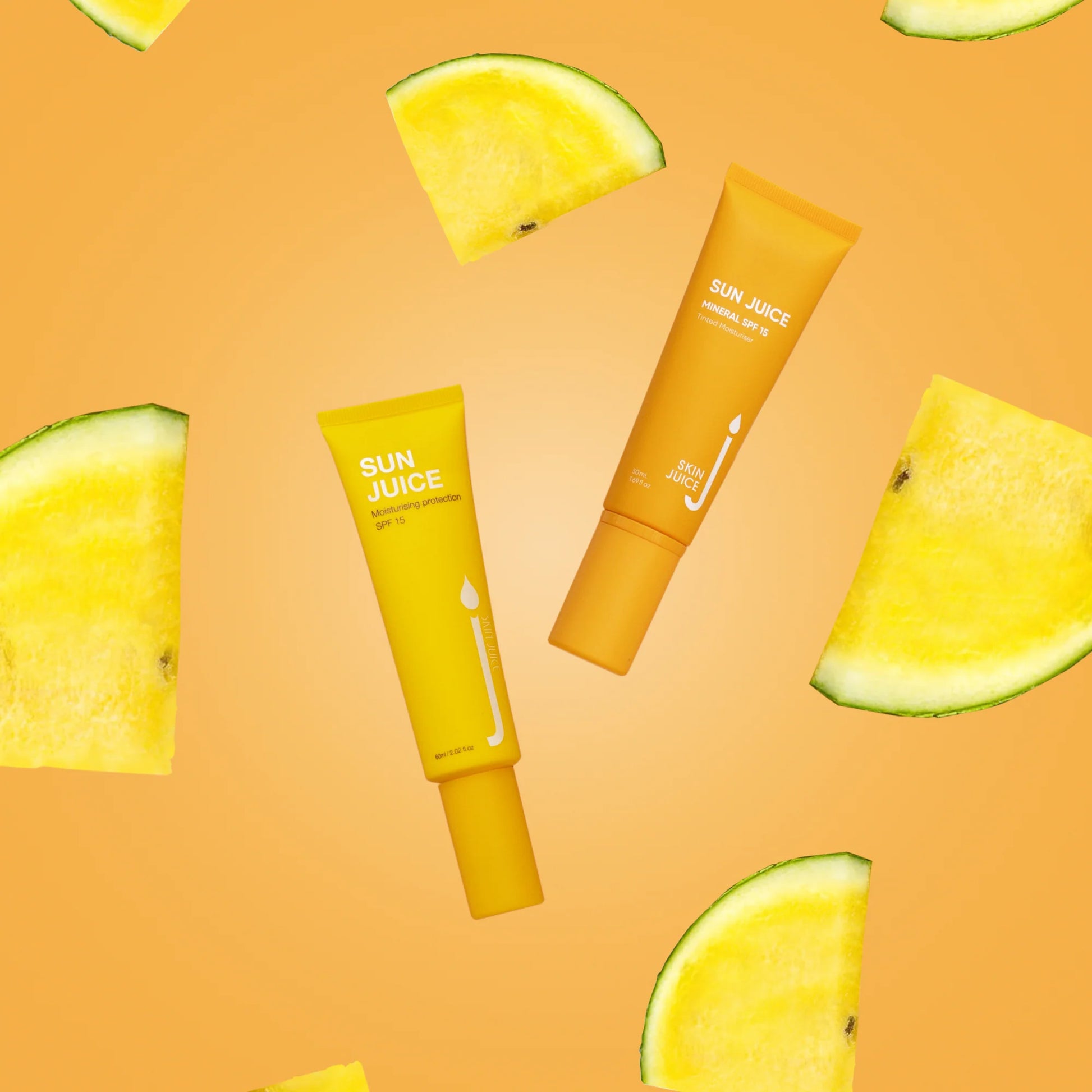 Sun Juice Untinted moisturizing SPF with melon slices on orange background.