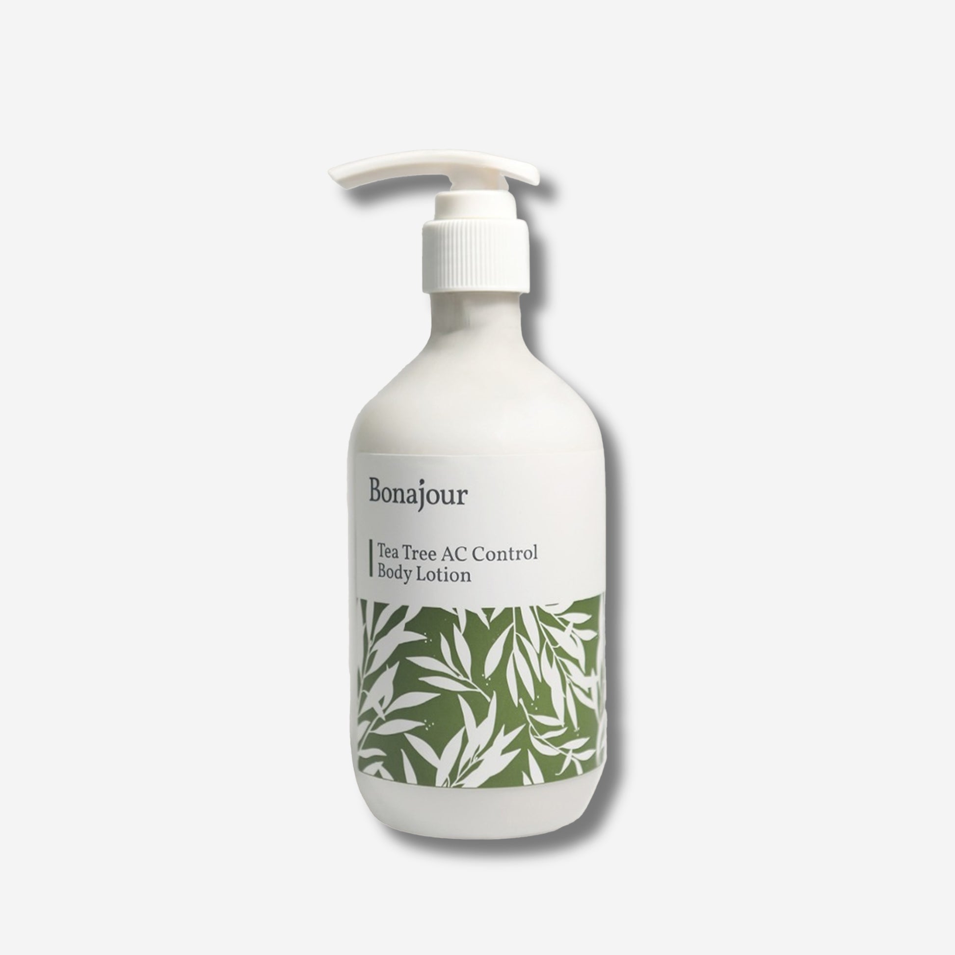 Bonajour Tea Tree AC Control Body Lotion with green leaf design on label.