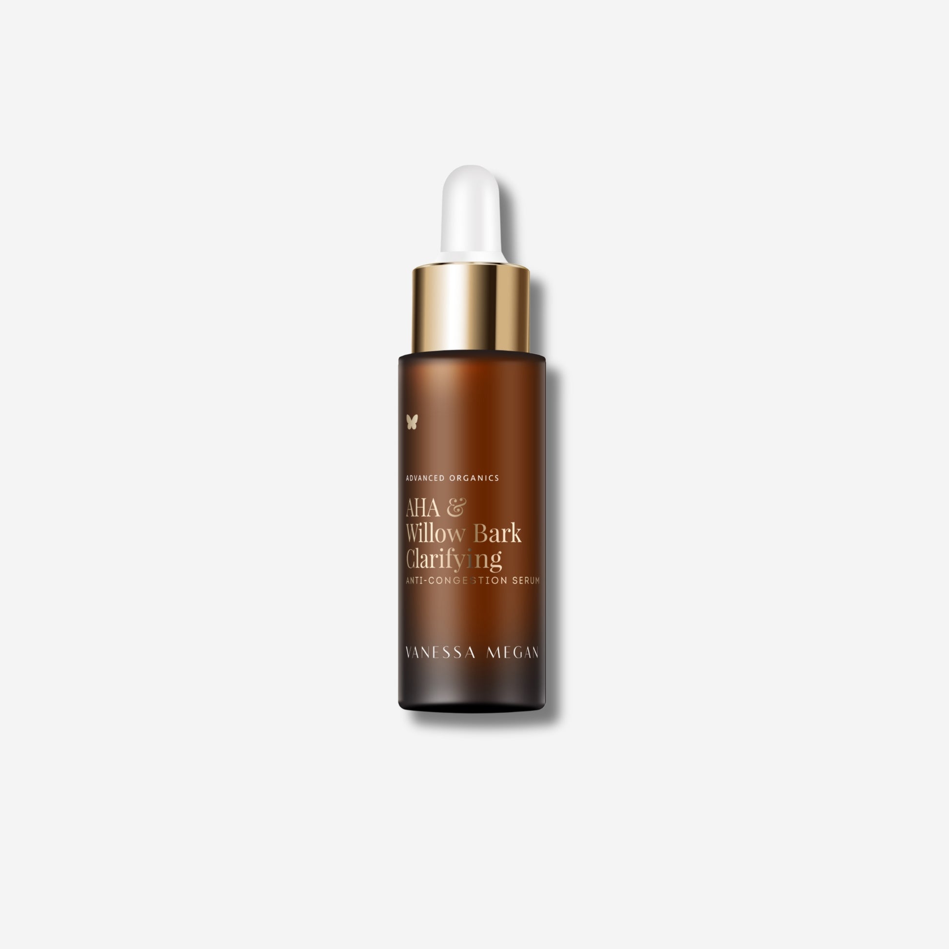 A bottle of Vanessa Megan AHA & Willow Bark Clarifying Anti-Congestion Serum with dropper on a light grey background