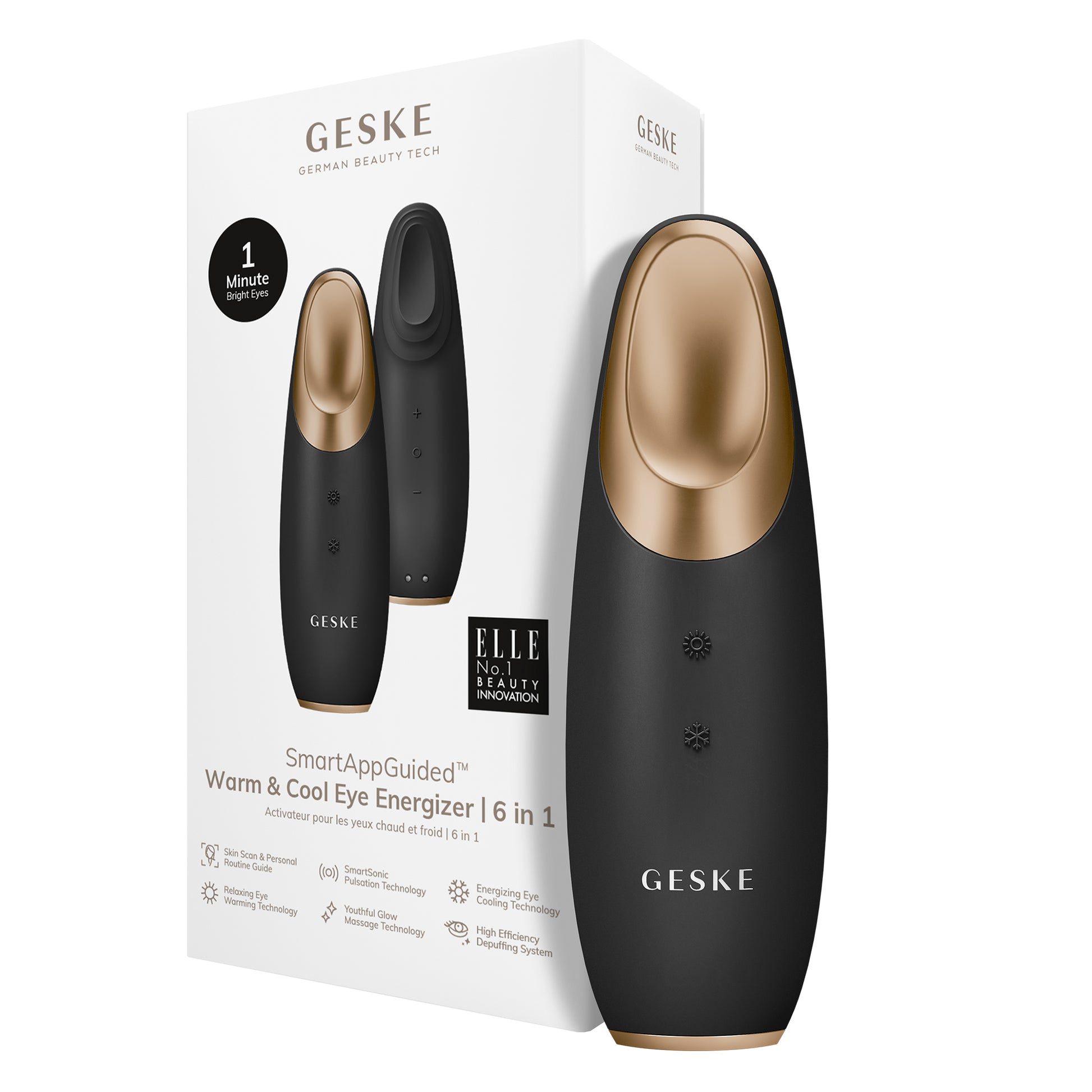 GESKE Warm and Cool Eye Energizer 6 in 1 device packaging with gold and black design shown.