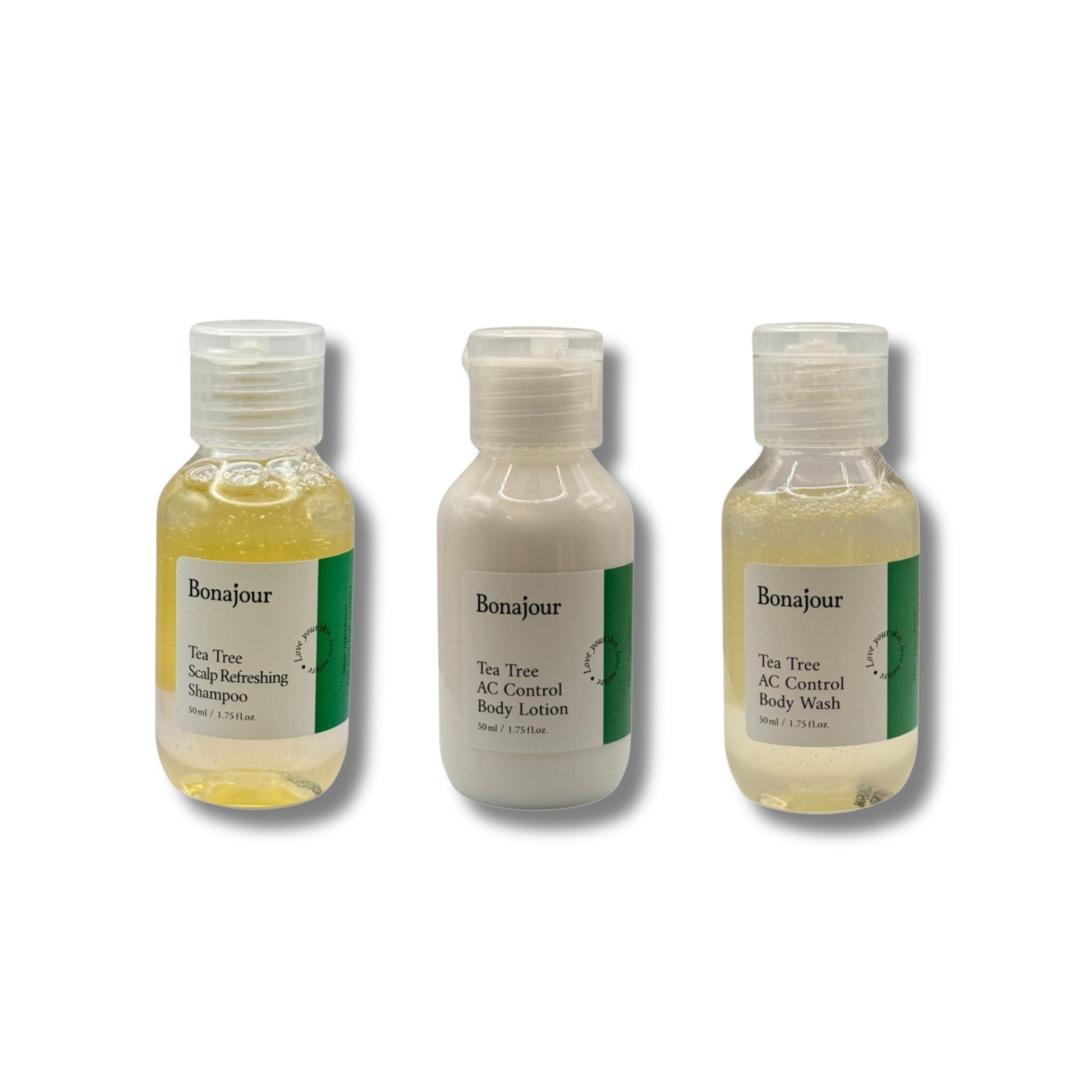 Bonajour Tea Tree AC Control Body Lotion, Shampoo, and Body Wash bottles, 50ml each.