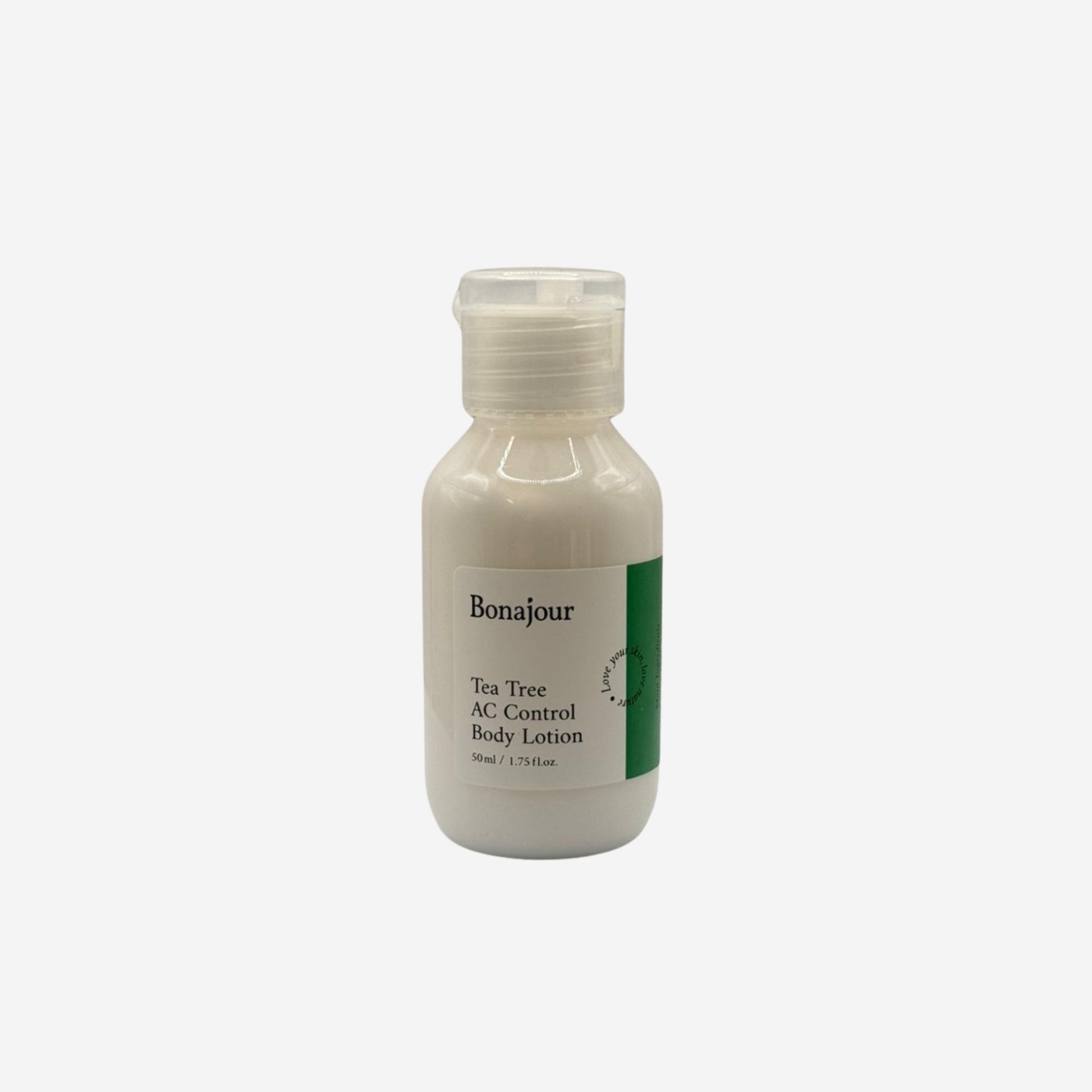 Bonajour Tea Tree AC Control Body Lotion 50ml with a green label on a white bottle.