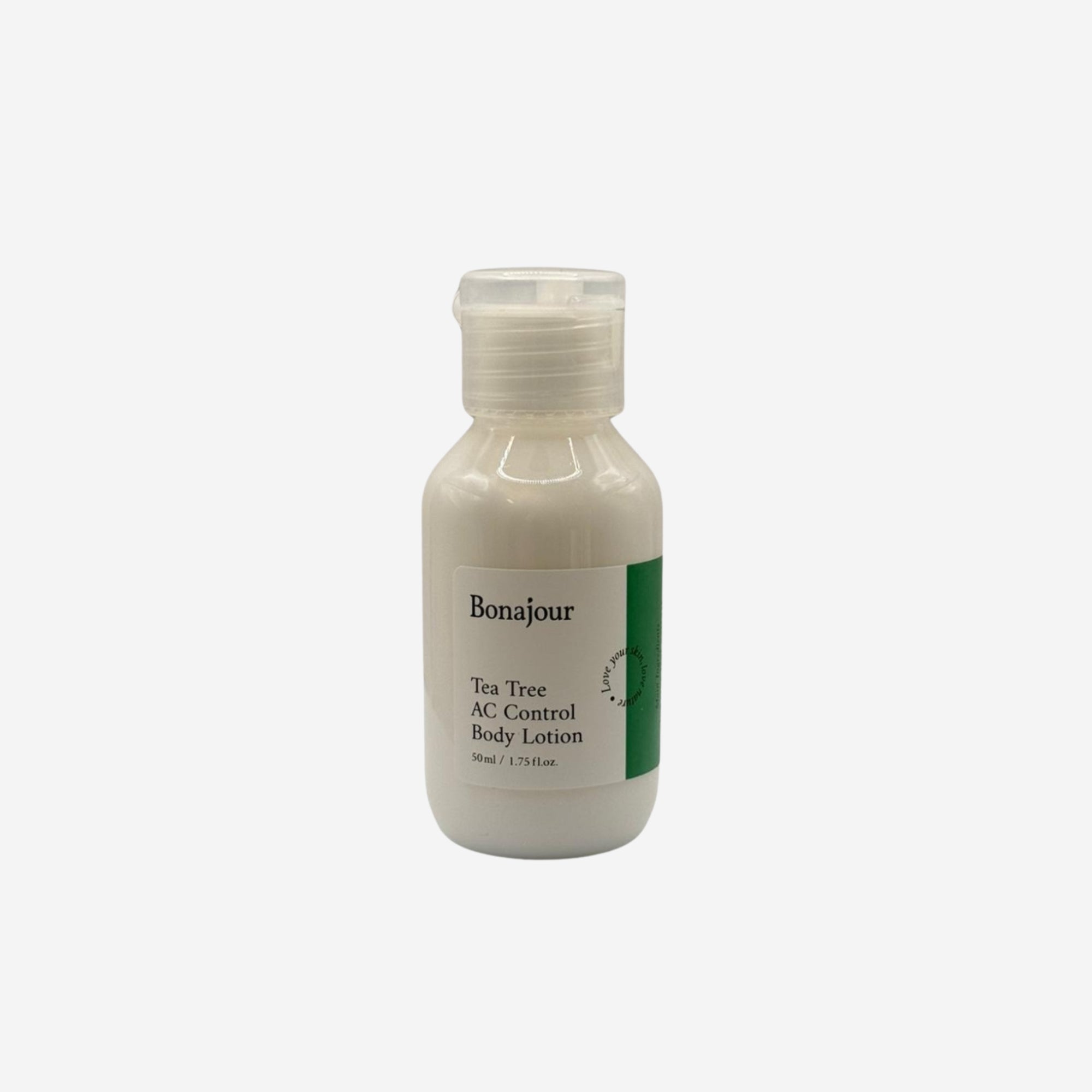 Bonajour Tea Tree AC Control Body Lotion 50ml with a green label on a white bottle.