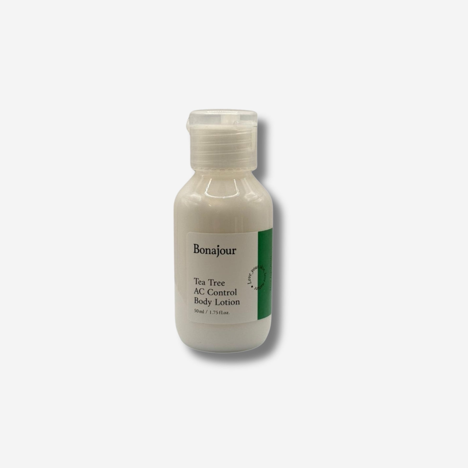 Bonajour Tea Tree AC Control Body Lotion in a 50ml bottle with green and white label.