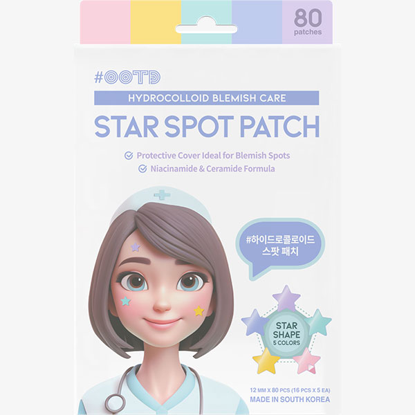 Discover the STAR SPOT PATCH for blemish care, adorned with a cartoon nurse and featuring five star-shaped pimple patches in five vibrant colors. Available at Pimple Patch Chemist Warehouse.